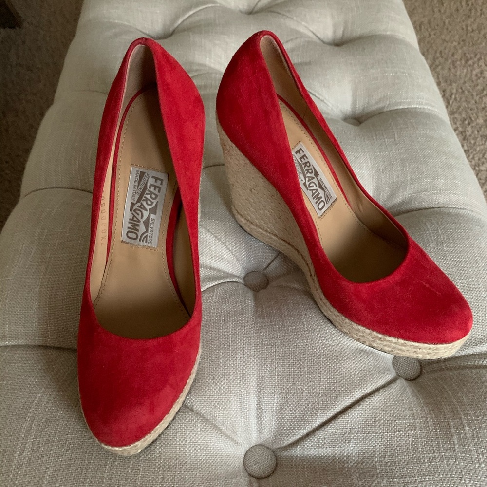 Salvatore Ferragamo Suede Espadrille Wedge Pumps